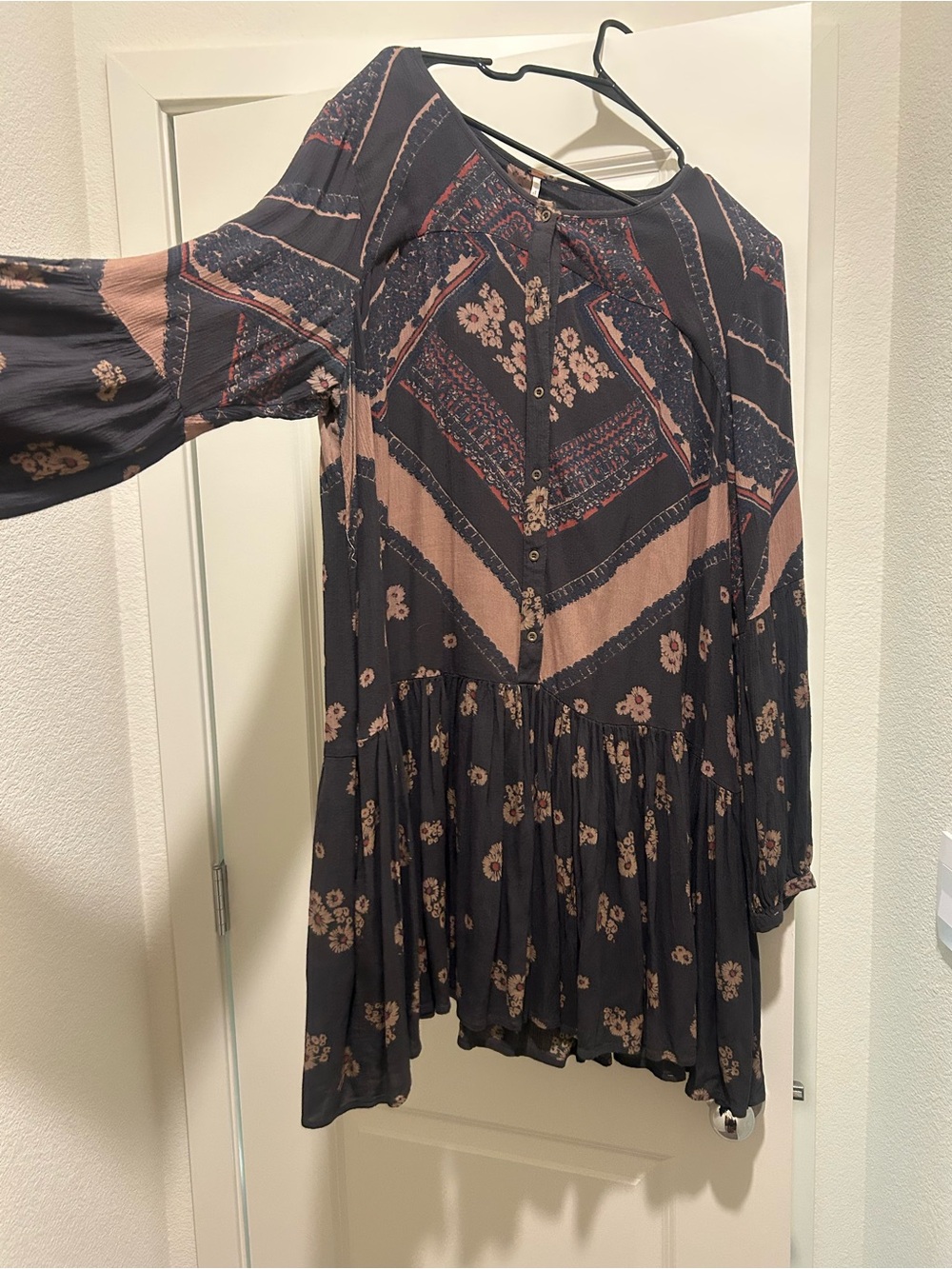 Free People Black and Tan Boho Floral Peasant Dress